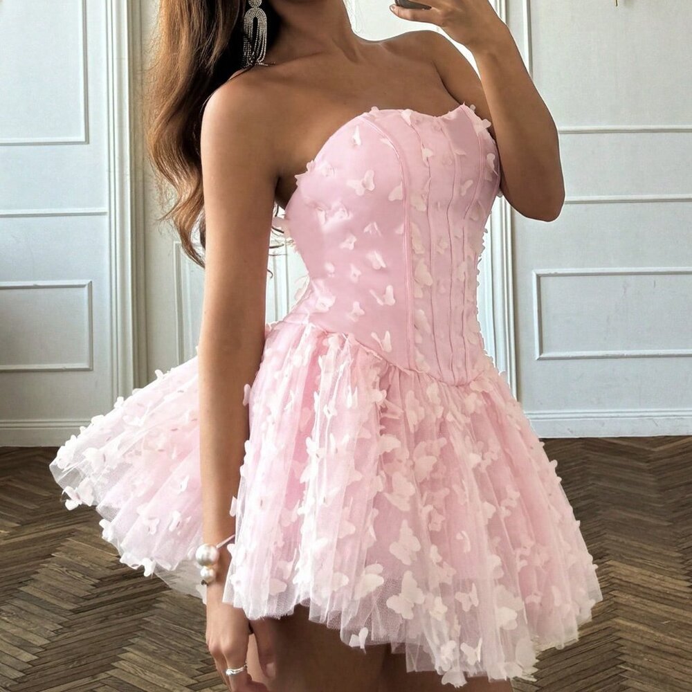 Pink Elegant Women's Cute & Sexy 3d Butterfly Decor Puff Dress
